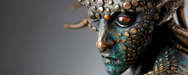 Close-up of a fantasy creature with gold details