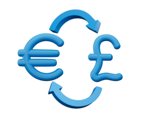 3d Blue Euro And Pound Symbol Icons With Money Exchange Arrows On White Background, 3d illustration
