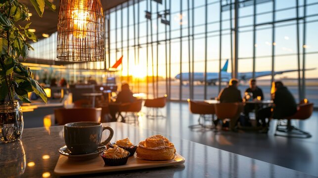 Modern Airport Cafe Scene with Travelers Enjoying Coffee and Pastries by the Runway