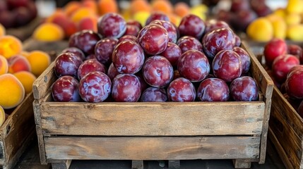 Fresh plums in wooden crate. - Powered by Adobe