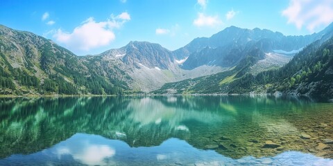 Naklejka premium A serene mountain landscape reflecting on a calm lake under a clear blue sky, perfect for nature lovers and travel enthusiasts.