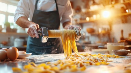 Master Chef Rolling Fresh Pasta Dough with Pasta Machine in Kitchen