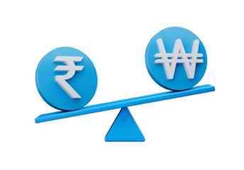 3d White Rupee And Won Symbol On Rounded Blue Icons With 3d Balance Weight Seesaw, 3d illustration

