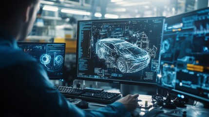 Engineer Designing Electric Car using CAD Software.