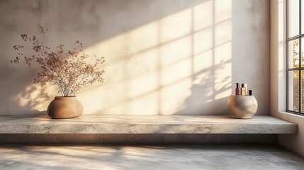 concrete kitchen counter against a pristine white wall designed for showcasing beauty products soft natural light cascades across the surface highlighting its sleek texture