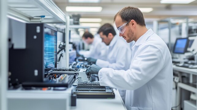 Medical technicians in lab coats working on electronic equipment in a modern research facility during the day