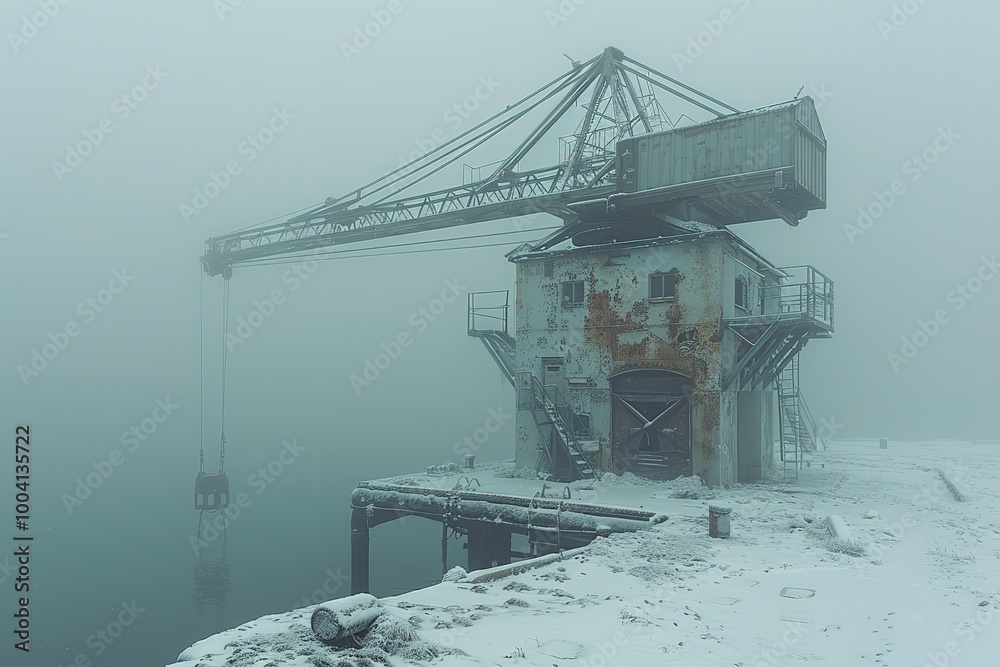 Wall mural a crane is sitting on a dock in the snow