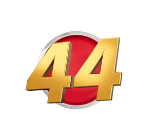  Gold Number 44 Gold Number Forty Four On Rounded Red Icon , 3d illustration
