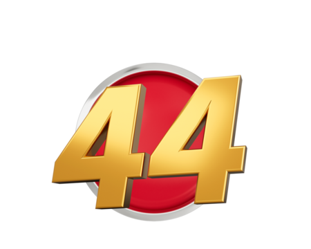  Gold Number 44 Gold Number Forty Four On Rounded Red Icon , 3d illustration

