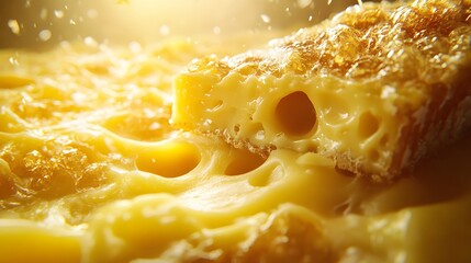 Close-up of intricate cheese textures with holes and layers of creamy cheese illuminated by soft light
