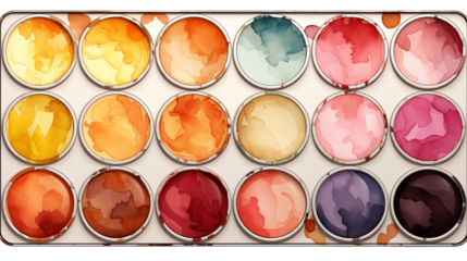 Watercolor paint palette set, studio view, isolated on white background.