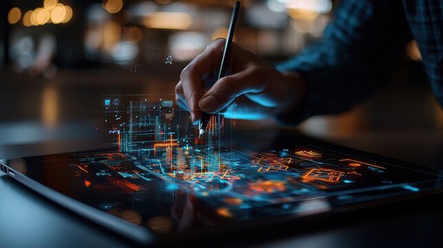 Futuristic Digital Artist Workspace with AI Assistant and Holographic Display