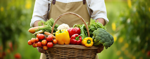 Man holding a basket filled with fresh vegetables 