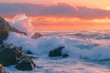 Fototapeta premium Waves crashing at sunset