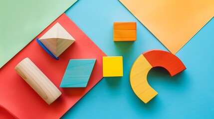 Wooden kids toys on colourful paper isolated on colorful background
