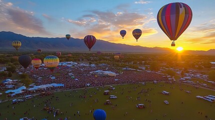 Naklejka premium Hot Air Balloon Festival at Sunset with Large Crowd