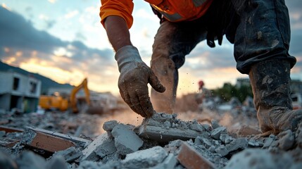 Fototapeta premium Determined Rescue Worker Lifting Concrete Slab in Earthquake Aftermath