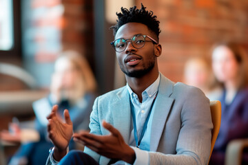 A young Black businessman wearing glasses engages in a discussion at a business conference, confidently sharing his ideas in a professional setting with colleagues in the background