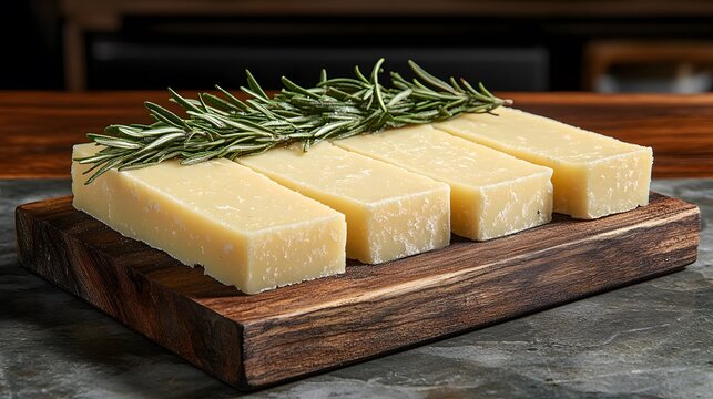 Cheese slices neatly stacked on a wooden cheese board with rosemary sprigs