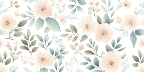A floral pattern featuring soft pastel flowers and leaves, ideal for backgrounds or textiles.