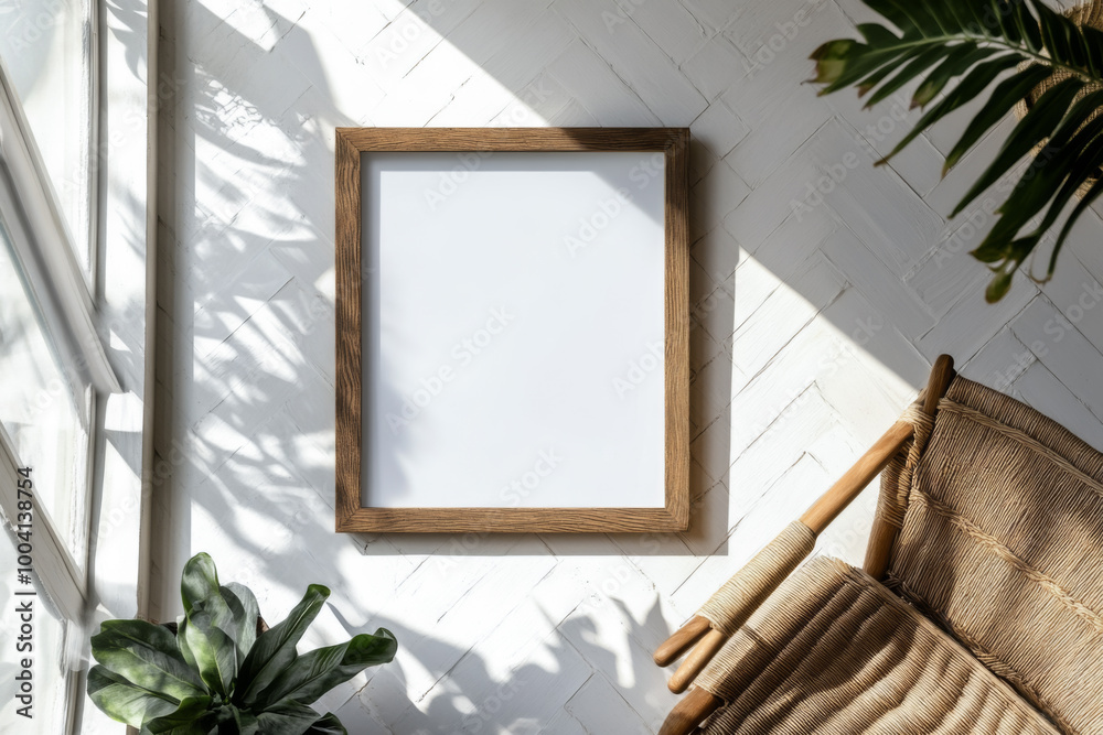 Wall mural frame mockup - close up, white tile background