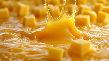 Abstract cheese splash with strings of melting cheese and cubes flying outward in mid-air