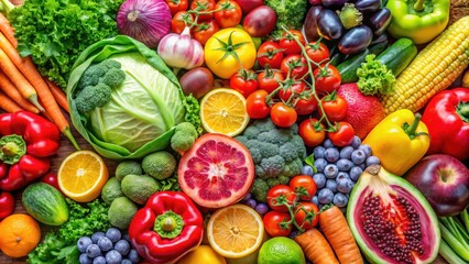 Fresh and Colorful Assortment of Ripe Fruits and Vegetables for Healthy Nutrition Background