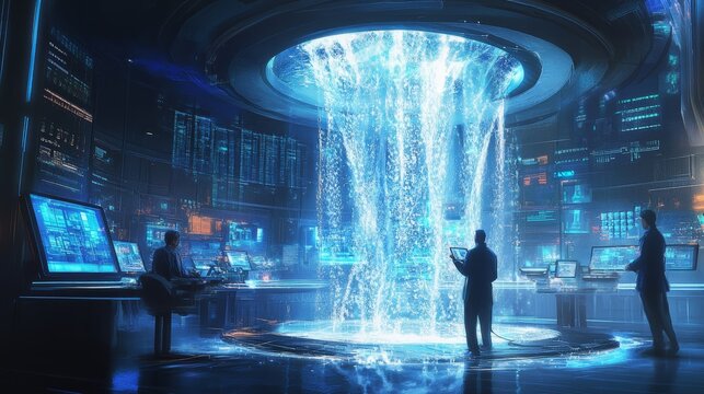 Futuristic Control Room with Water Feature.