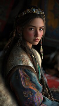 Profile Portrait of a Woman in 15th Century Traditional Tungus Dress, Authentic Historical Representation