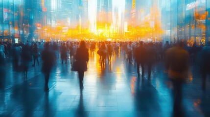 Obraz premium convention scene showcasing an expo hall filled with blurred attendees emphasizing the vibrant energy and networking possibilities within a corporate marketing event