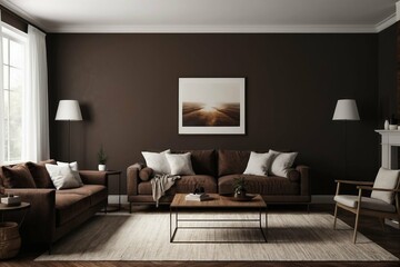 Dark brown living room with a cool minimalistic design and copy space.