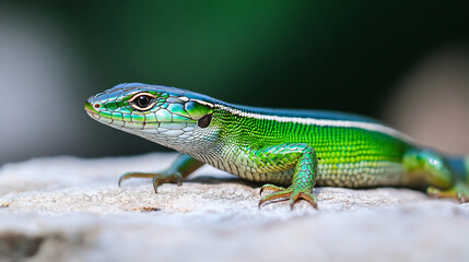 Fototapeta premium A vibrant emerald skink basking in the sun
