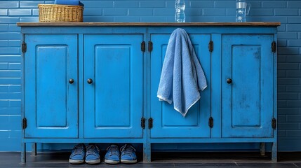 Gym locker with a fitness towel, shoes, and a water bottle neatly placed