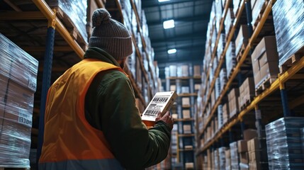 Worker in a warehouse scanning items on a tablet amidst stacked boxes.