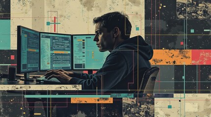 Cyber crime concept. Minimalist print style collage poster, Abstract grunge backdrop, hacker man, Retro futuristic graphic design style.