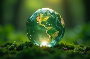 Crystal globe putting on moss, ESG icon for Environment Social and Governance, World sustainable environment concept