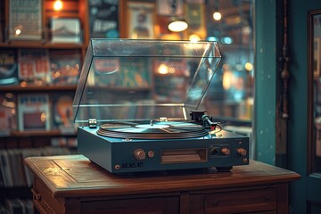 Obraz premium A turntable sits on a wooden table in a room with a lot of books