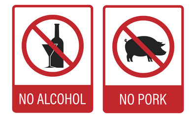 Bundle set isolated halal sign, no pork and no alcohol, healthy food and beverage label
