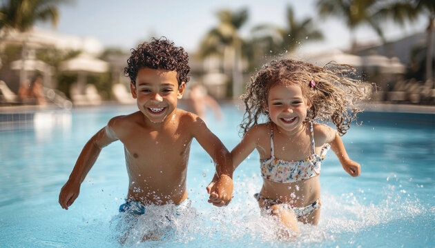 Two happy children running through water in swimming pool