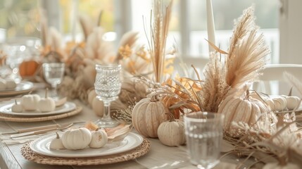  A rustic harvest table centerpiece with bundles of pampas grass, pumpkins