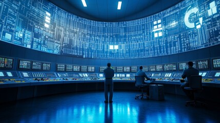 Control Room with Digital Displays and Working Men.