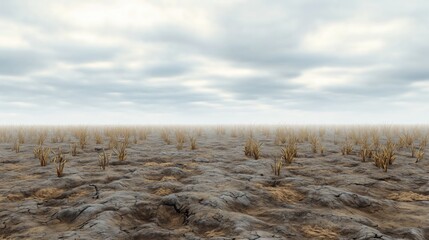 cartoon-style image of a barren and desolate field. The landscape  dry and cracked