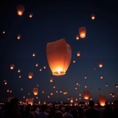 Magical glowing sky lanterns floating at night during festival against dark sky