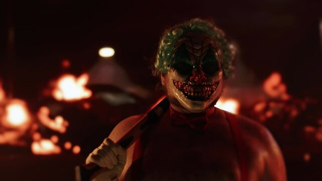 Scary clown holding ax posing with fire in background