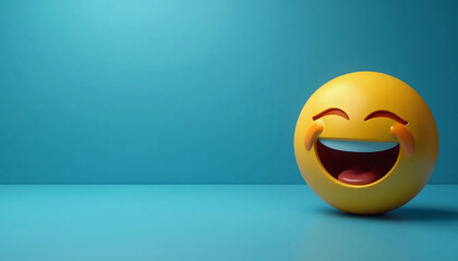 Emoticon amarelo gargalhando, em um fundo azul minimalista, transmitindo alegria e simplicidade.
