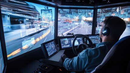 Driver in a Self-Driving Truck Simulator.