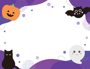 Cute style autumn season Halloween day concept event banner and poster design template. There are pumpkin, ghost, bat and cat characters on a purple background with a geometric and abstract pattern.