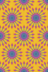 Seamless African Wax Print fabric, Ethnic handmade daisybushes for your design, Afro Ethnic daisies flowers and tribal motifs. Vector texture, Africa Ankara textile fashion style colorful background