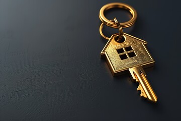 A golden key with a house on it is on a dark surface
