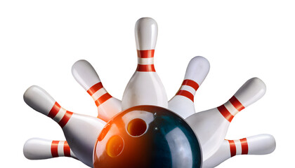 Striking down flying pins with a bowling ball, cut out